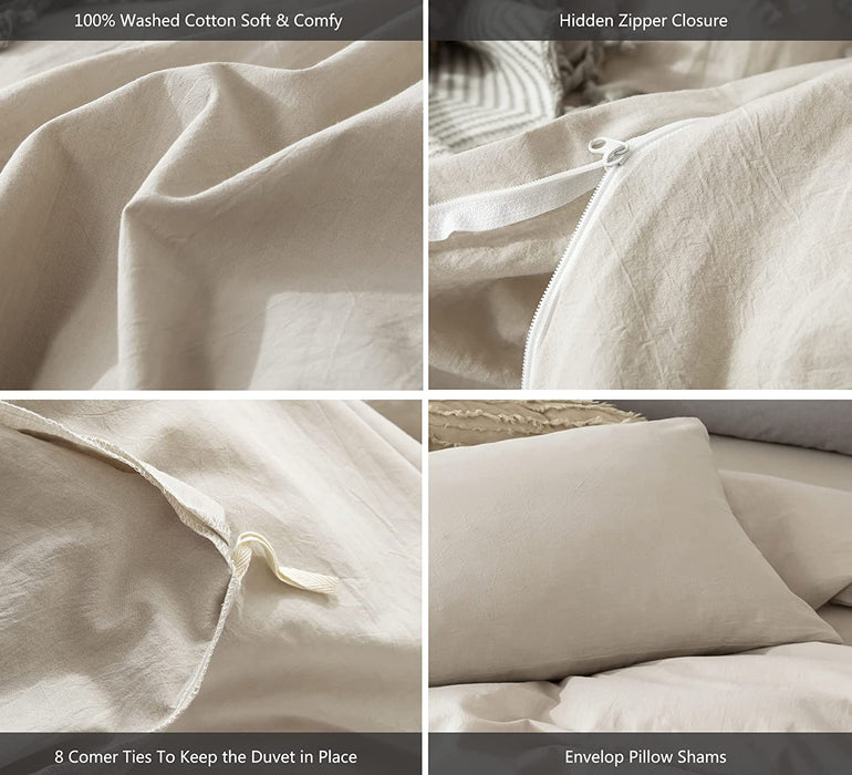Bedding Duvet Cover Set 100% Washed Cotton Linen like Textured Breathable Durable Soft Comfy (Cream Grey, Queen)