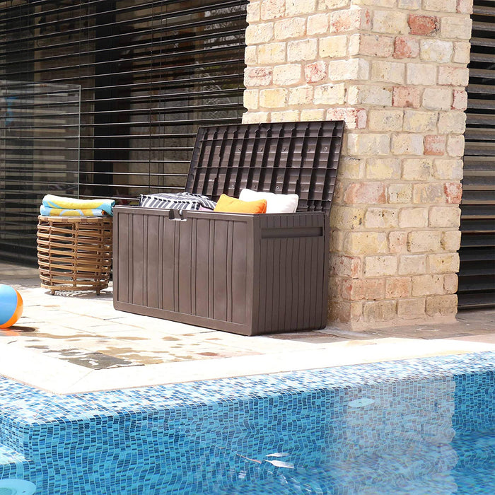 Plastic 71 Gallon Outdoor Backyard Storage Bin Deck Box for Patio Furniture Cushions, Tools, Toys, and Pool Accessories, Brown