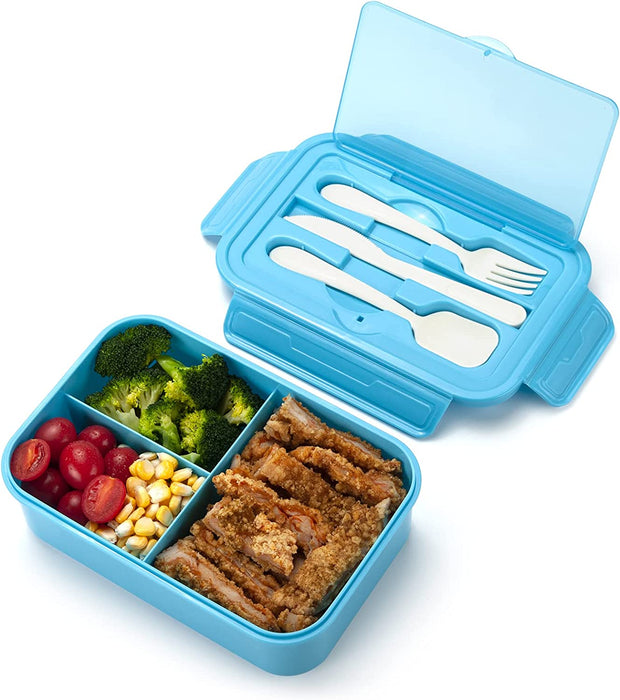 Bento Lunch Box - Leak-Proof 3 Compartment Lunch Containers for Adults and Kids Bpa-Free and Dishwasher Safe Bento Box with Spoon, Fork & Knife(Light Blue)
