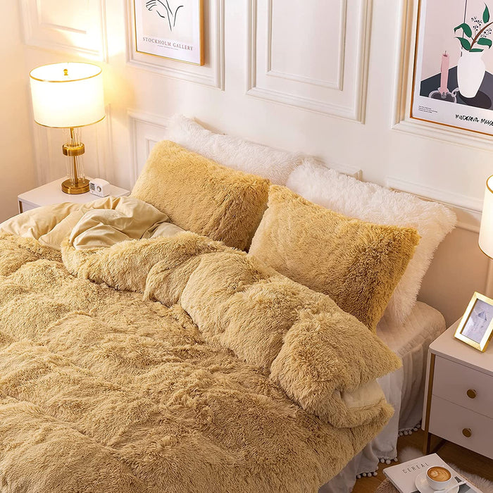 Plush Fluffy Duvet Cover Oeko-Tex Certified Luxury Ultra Soft Shaggy Crystal Velvet Bedding Set 3 Pieces(1 Duvet Cover + 2 Pillow Shams) Zipper Closure(Queen, Camel)