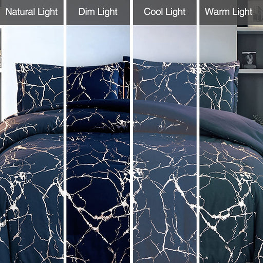 Silver Metallic Marble Comforter Set Queen Size Foil Print Glitter Bedding Set, Navy Blue/Silver