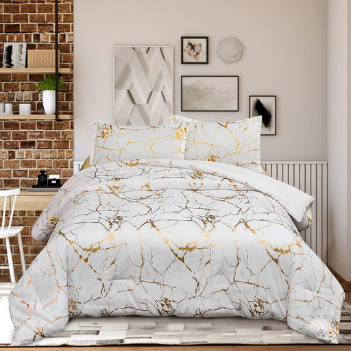 Gold Metallic Marble Comforter Set Queen Size Foil Print Glitter Bedding Sets,White/Gold, Queen