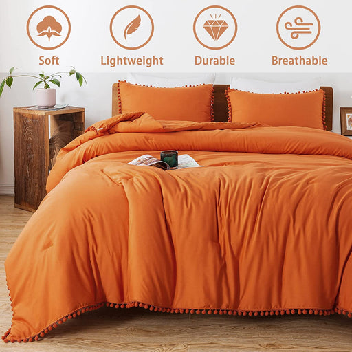 Burnt Orange Pom Pom Fringe Comforter Full(79X90 Inch), 3 Pieces(1 Boho Comforter and 2 Pillowcases) Aesthetic Ball Pom Comforter, Lightweight Soft Microfiber down Alternative Bedding Set