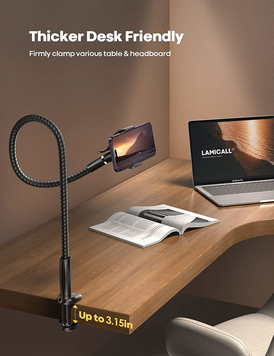 Gooseneck Phone Holder Bed - [Newest Nylon Braided] Flexible Arm, Overall Length 38Inch, 360 Adjustable Clamp Clip, Overhead Cell Phone Mount Stand for Bed, Desk, 4-7” Cellphone