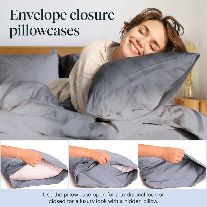 6 PC Sheet Set Bamboo Sheets Deep Pockets 18" Eco Friendly Wrinkle Free Sheets Machine Washable Hotel Bedding Silky Soft - Light Grey Queen