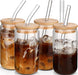 Glass Cups with Lids and Straws 4Pcs Set 16Oz Iced Coffee Cups,Glass Coffee Cups with Lids and Straw,Beer Can Glass with Lids and Straw