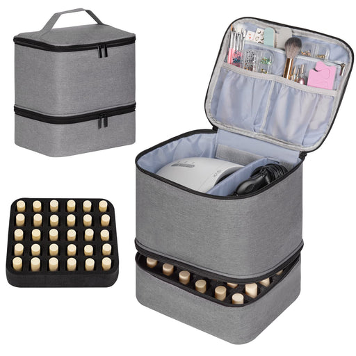 Nail Polish Organizer and Nail Dryer Case, Double-Layer Nail Polish Storage Holds 30 Bottles (15Ml/0.5 Fl.Oz) and 1 Led Nail Lamp, Travel Carrying Case for Nail Polish Kit Set (Grey)