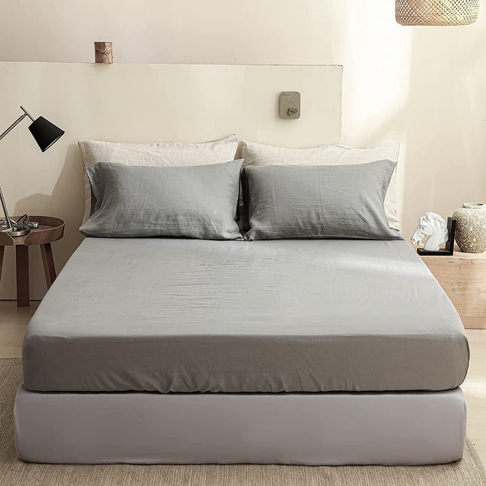 Simple&Opulence 100% Linen Sheet Set Solid Color-4 Pcs Washed French Linen Bed Sheets(1 Flat Sheet,1 Fitted Sheet,2 Pillowcases)-Breathable Bedding Set (Grey, Queen)