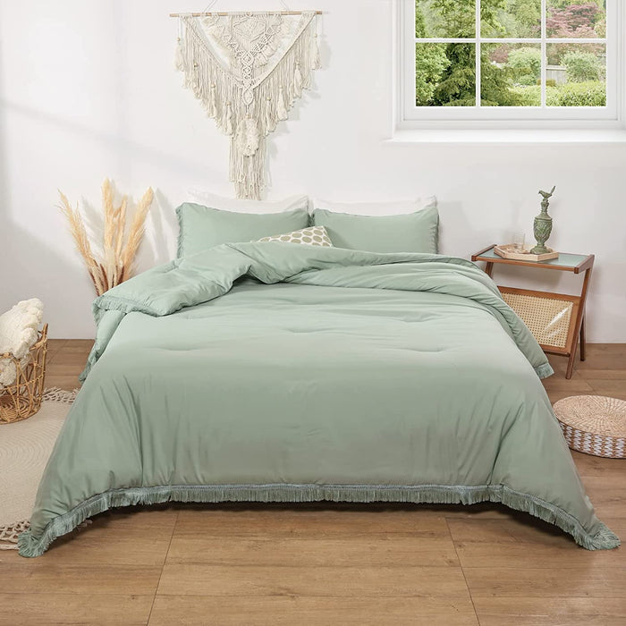 3Pcs Fringe Sage Green Tassel Comforter Set Queen Boho Bohemian Cute Soft Tufted Microfiber Bedding Sets Modern Style for Men and Women (1Comforter + 2 Pillowcases)