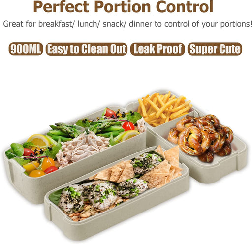 Bento Box Lunch Box for Adults Kids,  3-In-1 Compartment Containers - Wheat Straw, Leakproof Eco-Friendly Bento Lunch Box Meal Prep Containers Microwave Safe (Beige)