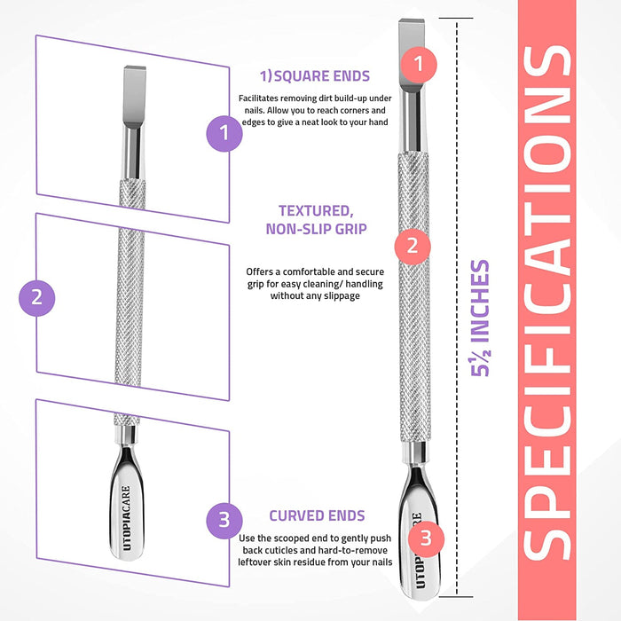 Cuticle Pusher and Spoon Nail Cleaner - Professional Grade Stainless Steel Cuticle Remover and Cutter - Durable Manicure and Pedicure Tool - for Fingernails and Toenails (Silver)