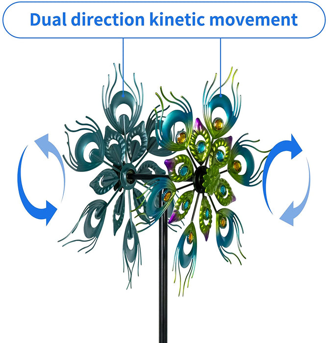 Peacock Wind Spinner, 48Inch Double Wind Sculpture, Kinetic Wind Spinners Outdoor Metal Stake Yard Spinners, Garden Wind Catcher Wind Mills, Wind Spinners for Yard and Garden