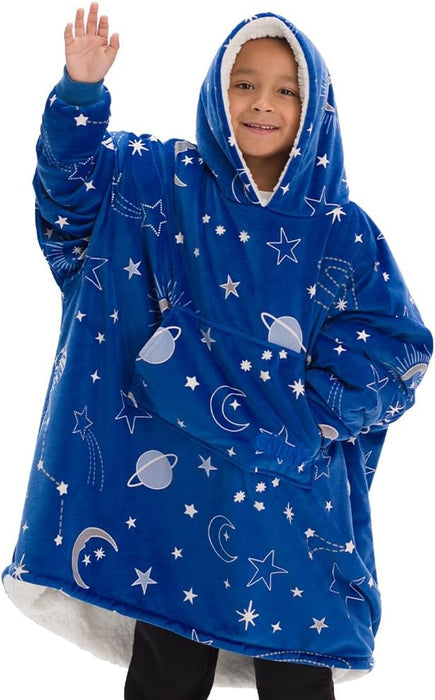 JR | the Original Oversized Microfiber & Sherpa Glow in the Dark Wearable Blanket for Kids, Seen on Shark Tank, One Size Fits All (Blue Glow Outerspace)