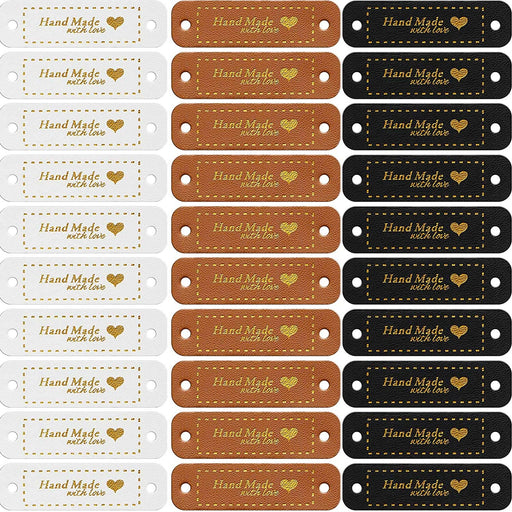30 Pieces Handmade Tags PU Leather Tags for Crochet Items Love Tags Handmade Tags for Crochet Knit Accessories with Holes for DIY Crafts Sewing Crochet Knitting Hats (Brown, Black, White)