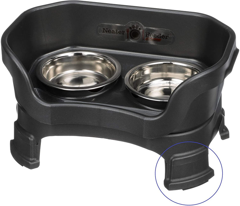 Neater Feeder Deluxe with Leg Extensions for Small Dogs - Mess Proof Pet Feeder with Stainless Steel Food & Water Bowls - Drip Proof, Non-Tip, and Non-Slip - Gunmetal Grey