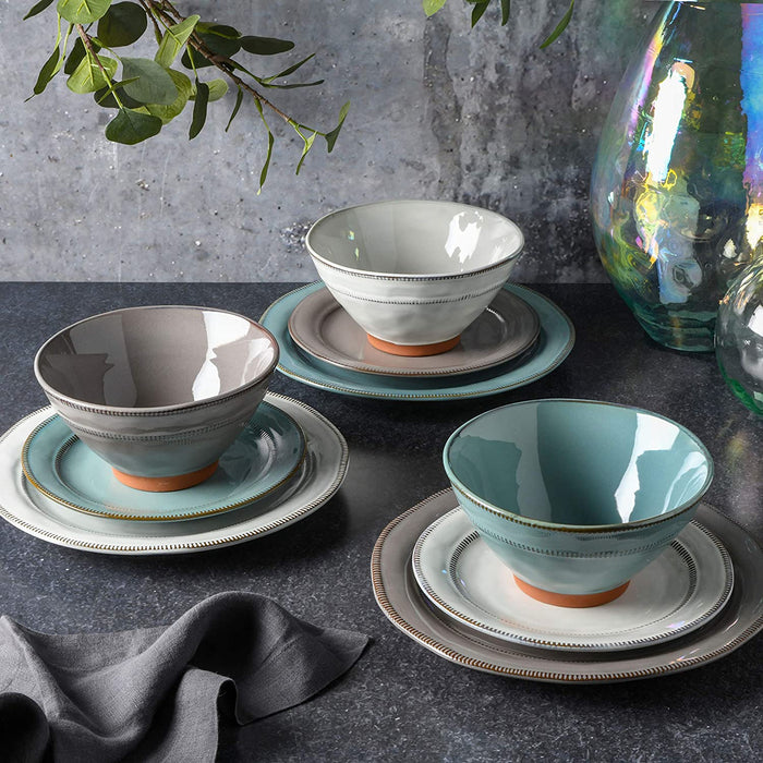 Gibson Elite Terranea round Reactive Glaze Terra Cotta Dinnerware Set, Service for Four (12Pcs), Grey