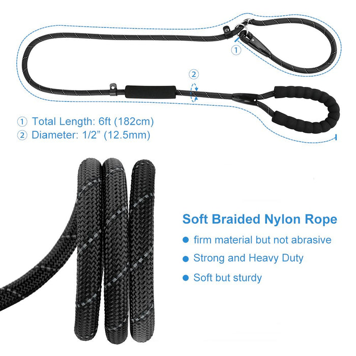 Slip Lead Dog Leash, Anti-Choking with Traffic Padded Two Handles, Reflective Strong Sturdy Heavy Duty Rope Leash, 6FT Dog Training Leash for Medium Large Dogs(6' Black)