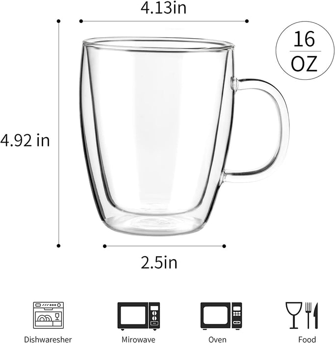 Double Wall Glass Coffee Mugs, (4-Pcak) 16 Ounces-Clear Glass Coffee Cups with Handle,Insulated Coffee Glass,Cappuccino Cups,Tea Cups,Latte Cups,Beverage Glasses Heat Resistant