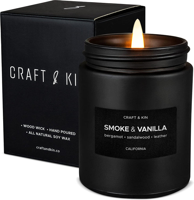 Scented Candles for Men | Smoke and Vanilla Candle for Men | Soy Candles, Long Lasting Candles, Home Decor | Masculine Candle, Wood Wicked Candles, Spring Candles | Vanilla Candle in Black Jar