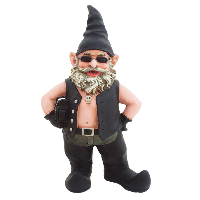 Homestyles "Biker Dude" the Biker Gnome in Leather Motorcycle Riding Gear Holding His Saddlebag Home & Garden Extra Large Outdoor Statue 20"H