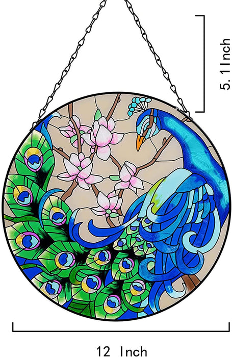 12" Garden Peacock Handmade Painted Stained Glass Wall Window Decorative Hangings Suncatcher Panel with Chain