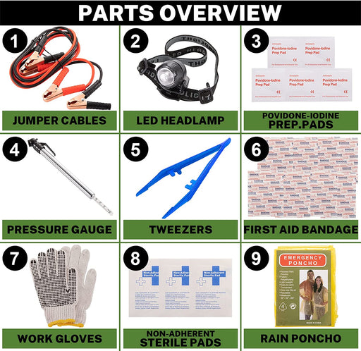 Roadside Assistance Emergency Kit Multipurpose Bag, Premium with Battery Jumper Cable Automotive Kit for Car,Vehicle, Truck or SUV for Men or Women, Black