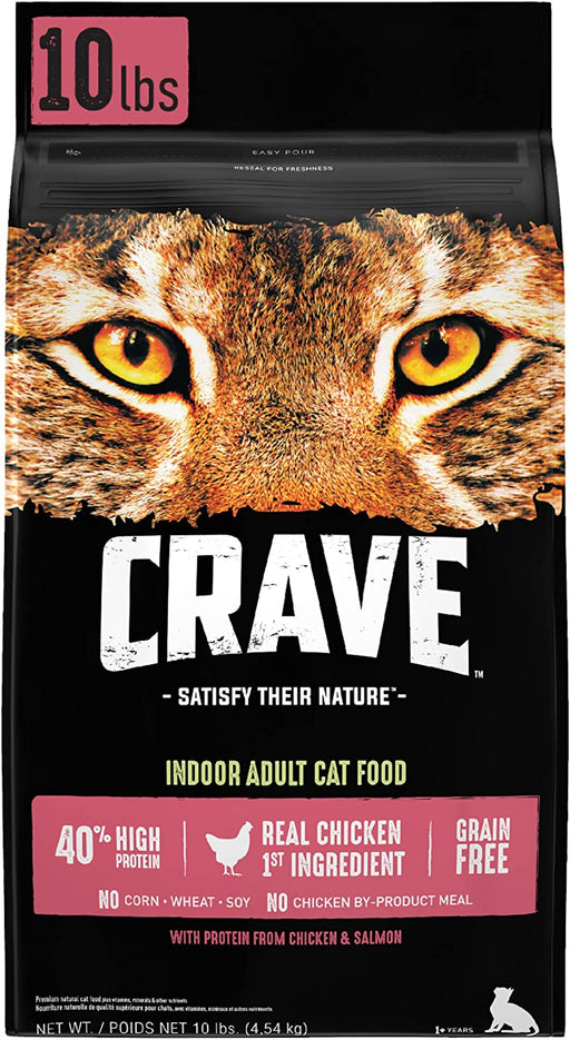 CRAVE Grain Free Indoor Adult High Protein Natural Dry Cat Food with Protein from Chicken & Salmon, 10 Lb. Bag