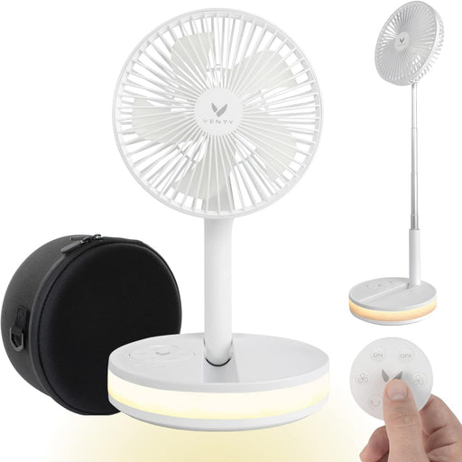 Original Portable Fan - Wireless Battery Operated Fan with 4 Speeds, Remote Control, Oscillation, & LED Lighting, Travel Rechargeable Fan & Power Bank USB-C Ports, Camping Fan (White with Case)