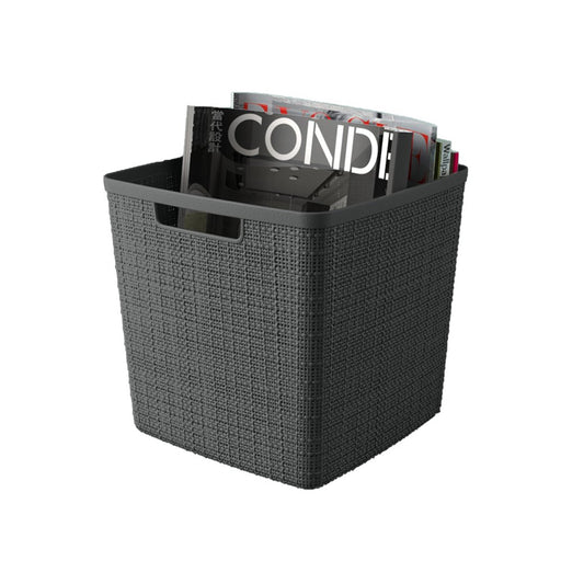 Jute 11" Cube Basket, Resin Plastic Storage Bin, Grey Flannel