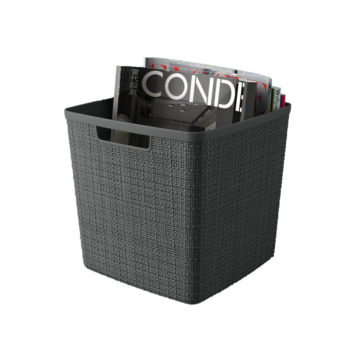 Jute 11" Cube Basket, Resin Plastic Storage Bin, Grey Flannel