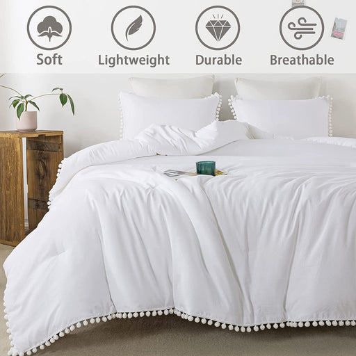 White Pom Pom Fringe Comforter Full(79X90 Inch), 3 Pieces(1 Boho Comforter and 2 Pillowcases) Aesthetic Ball Pom Comforter, Lightweight Soft Microfiber down Alternative Bedding Set