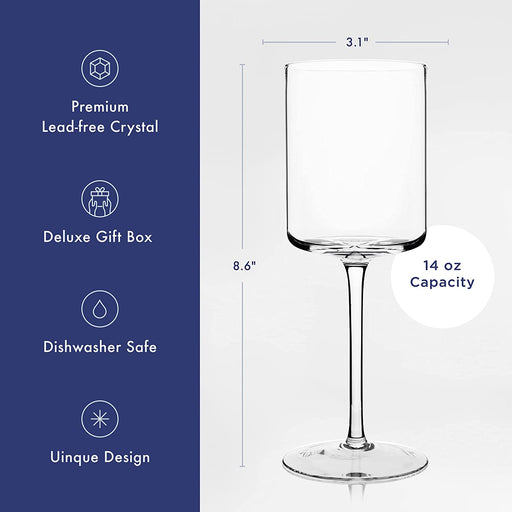 Edge Wine Glasses, Modern & Elegant Square Glass Set of 2, Large Red Wine or White Wine Glass - Unique Gift for Women, Men, Wedding, Anniversary - 14Oz