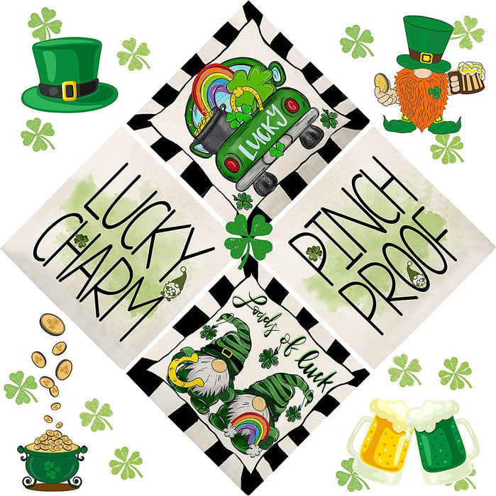 St Patricks Day Gnomes Pillow Covers 18X18 Set of 4 Home Decor, Shamrock Plaid Throw Pillows Lucky Truck Green Decor, St Patricks Day Decor Couch Pillows Covers for Sofa Farmhouse Bed