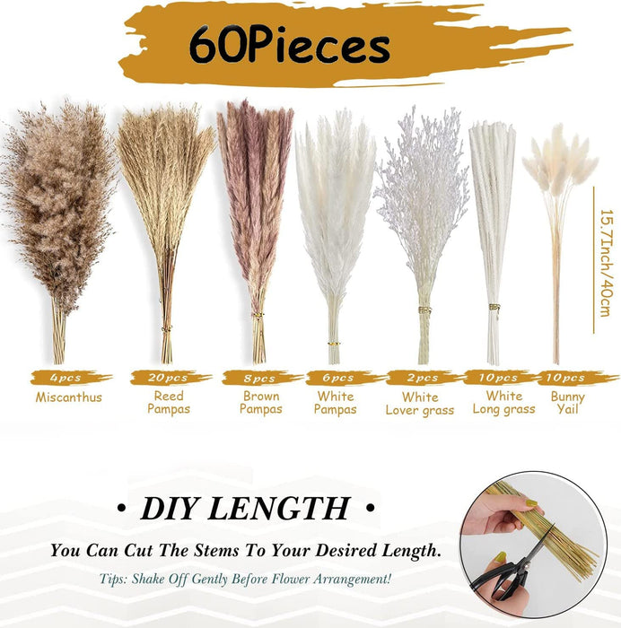 Dried Pampas Grass Decor 60 Pcs DIY Boho Natural Dried Flower Decor Pompous Dried Plants Bouquet for Wedding Vase Home Floral Arrangements