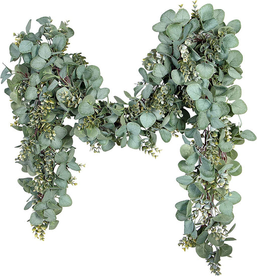 Eucalyptus Garland 6.56 Ft Lush Silver Dollar Eucalyptus Leaves Boxwood Artificial Faux Greenery Garland Vines for Baby Shower Wedding Party Table Runner Room Home Mantle Decor