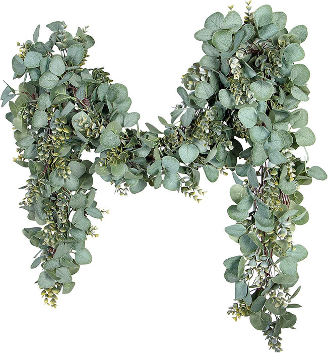 Eucalyptus Garland 6.56 Ft Lush Silver Dollar Eucalyptus Leaves Boxwood Artificial Faux Greenery Garland Vines for Baby Shower Wedding Party Table Runner Room Home Mantle Decor