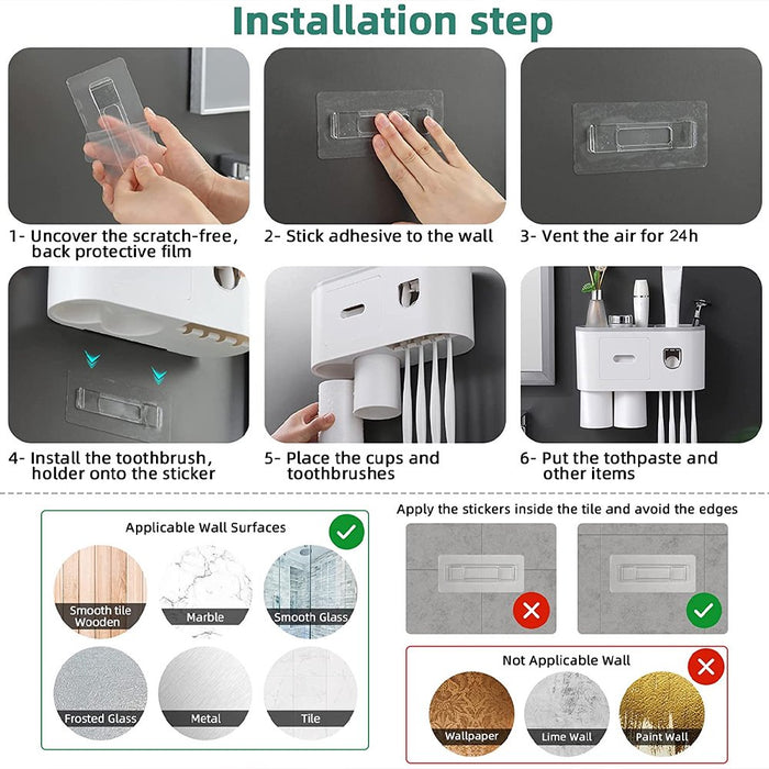 Toothbrush Holder Wall Mounted Automatic Toothpaste Dispenser Squeezer Kit,Toothbrush Holder with Toothpaste Dispenser, 4 Toothbrush Slots,3 Cups