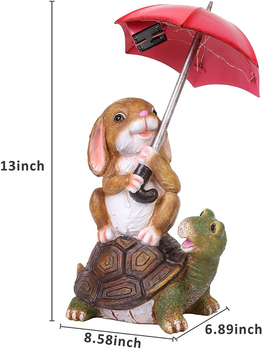 Solar Garden Statue Outdoor Decor, Rabbit Siting on Turtle Holding an Umbrella with String Lights, Easter Bunny Statue for Patio, Lawn, Yard Art Decoration, Housewarming Garden Gift