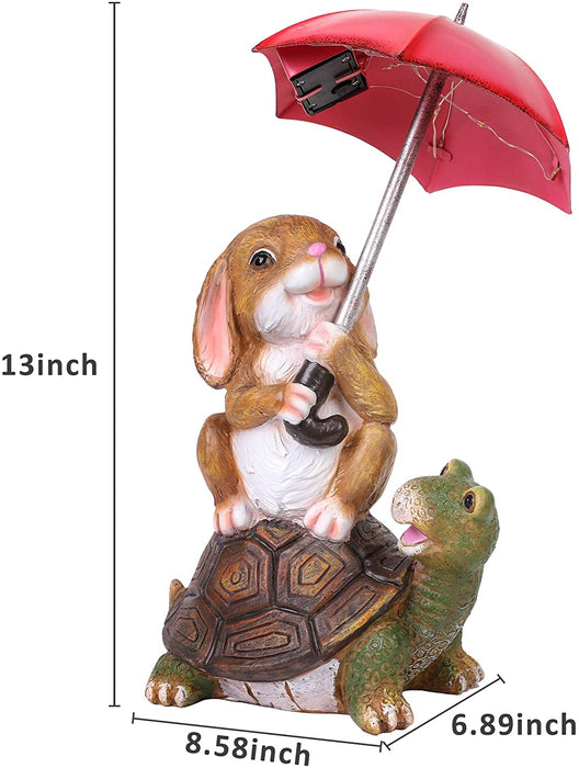 Solar Garden Statue Outdoor Decor, Rabbit Siting on Turtle Holding an Umbrella with String Lights, Easter Bunny Statue for Patio, Lawn, Yard Art Decoration, Housewarming Garden Gift