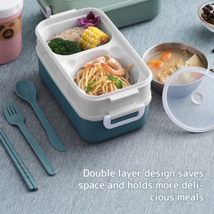 Lunch Box 2-Layer 3-Compartment Bento Box Cutlery Set Portable Leak Proof Food Container Storage Box with Fork Spoon Chopsticks for Kid Adult Work School (Blue, Pink)