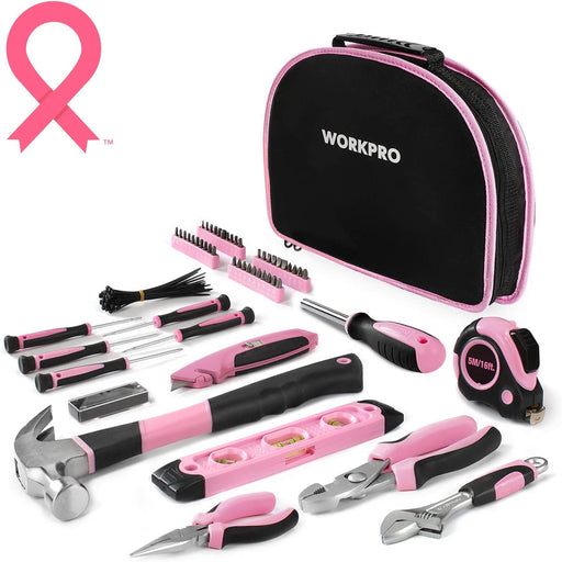 Pink Tool Kit - Hand Tool Set with Easy Carrying round Pouch - Durable, Long Lasting Chrome Finish Tools - Household Tool Kit Perfect for DIY, Home Maintenance - Pink Ribbon