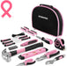 Pink Tool Kit - Hand Tool Set with Easy Carrying round Pouch - Durable, Long Lasting Chrome Finish Tools - Household Tool Kit Perfect for DIY, Home Maintenance - Pink Ribbon