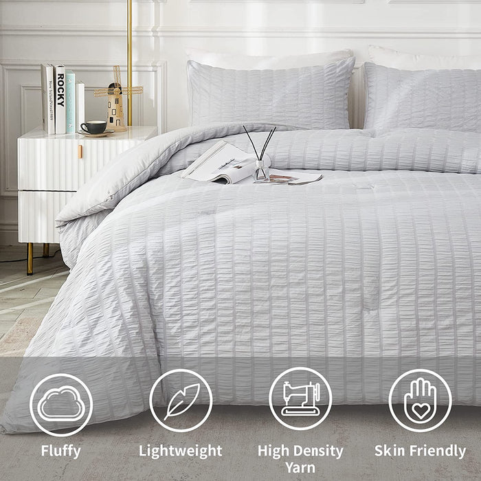 Seersucker Queen Comforter Set (90X90 Inches), 3 Pieces - 100% Soft Washed Microfiber Lightweight Comforter with 2 Pillowcases, All Season down Alternative Comforter Set for Bedding, Light Gray