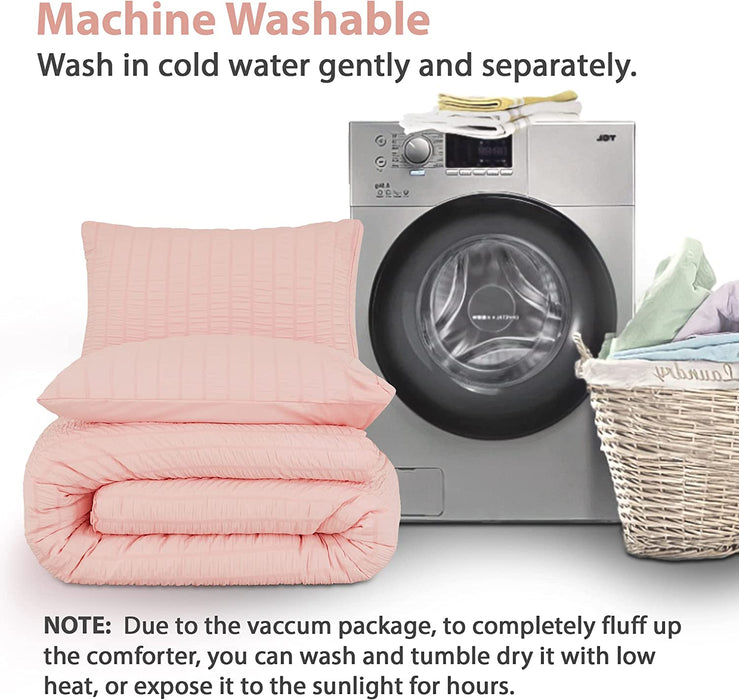 Blush Pink Seersucker Queen Comforter Set (90X90 Inches), 3 Pieces - 100% Soft Washed Microfiber Lightweight Comforter with 2 Pillowcases, All Season down Alternative Comforter Set for Bedding