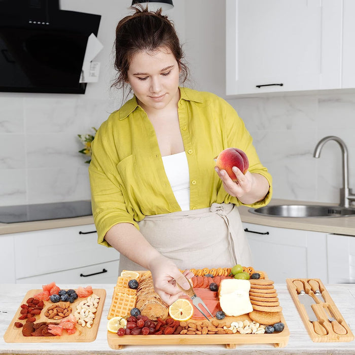 Bamboo Charcuterie Boards Cheese Board Knife Set, 15.7"X 13" Charcuterie Board and Hidden Serving Trays X2 for Charcuterie Cheese Fruit,House Warming New Home for Couple Women Mom