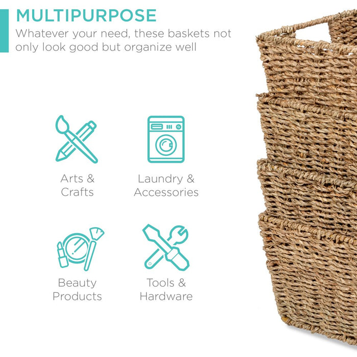 Set of 4 Multipurpose Stackable Seagrass Storage Laundry Organizer Baskets W/ Handles - Natural