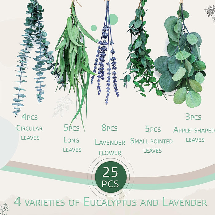 25 PCS | 4 Kinds Fresh Eucalyptus & Lavender Flowers Bundles for Shower |Real Eucalyptus Leaves Home Decor Shower Decor Wedding Decor |