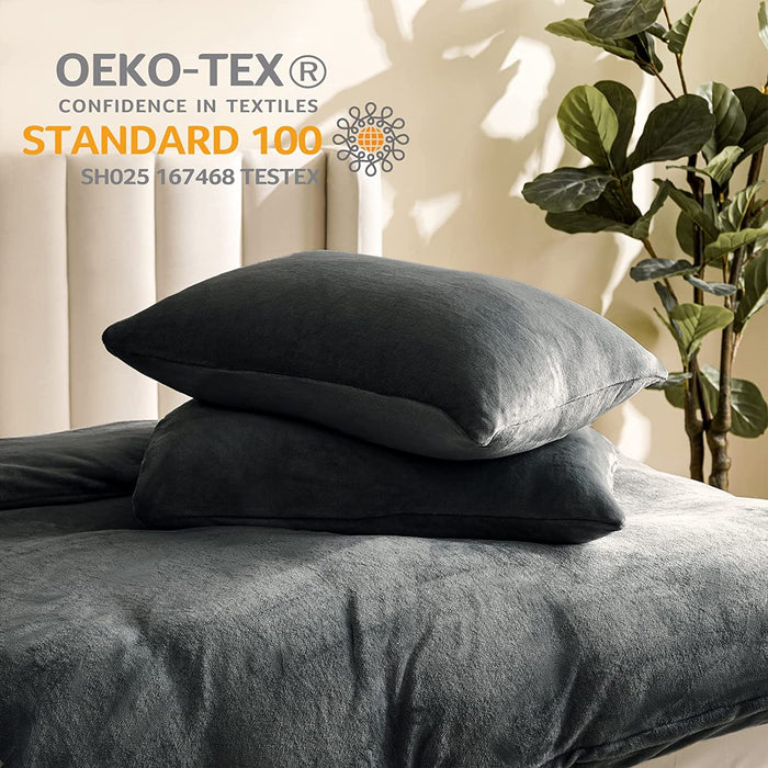 Flannel Duvet Cover Set Oeko-Tex Certified, 3 Pieces Velvet Duvet Cover Queen, Ultra Soft Comforter Cover with Zipper and Corner Ties, Dark Grey