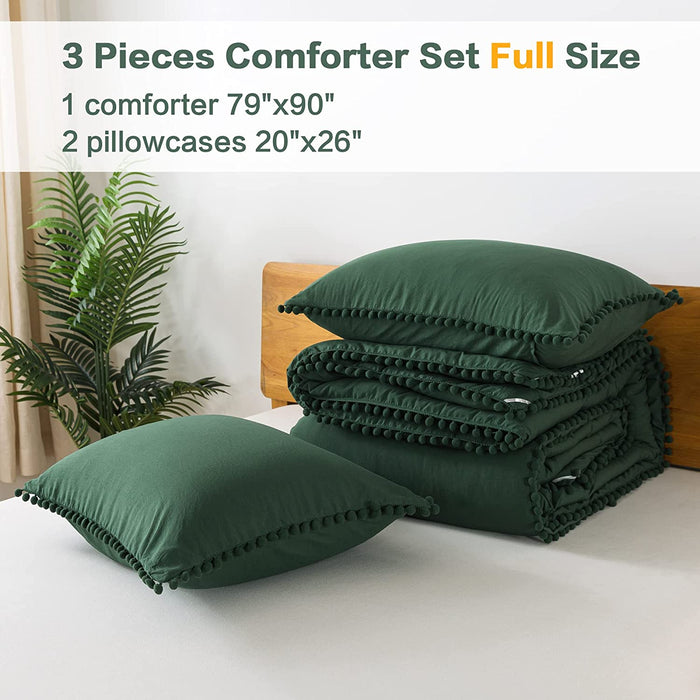 Dark Green Pom Pom Fringe Comforter Full(79X90 Inch), 3 Pieces(1 Boho Comforter and 2 Pillowcases) Aesthetic Boho Pom Comforter, Lightweight Soft Microfiber down Alternative Bedding Set