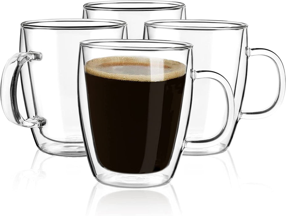 Double Wall Glass Coffee Mugs, (4-Pcak) 16 Ounces-Clear Glass Coffee Cups with Handle,Insulated Coffee Glass,Cappuccino Cups,Tea Cups,Latte Cups,Beverage Glasses Heat Resistant